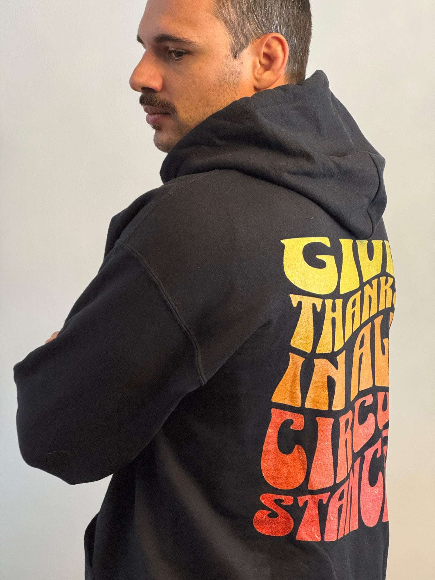 men wearing Give Thanks in All Circumstances Fall Hoodie - Holy Looks