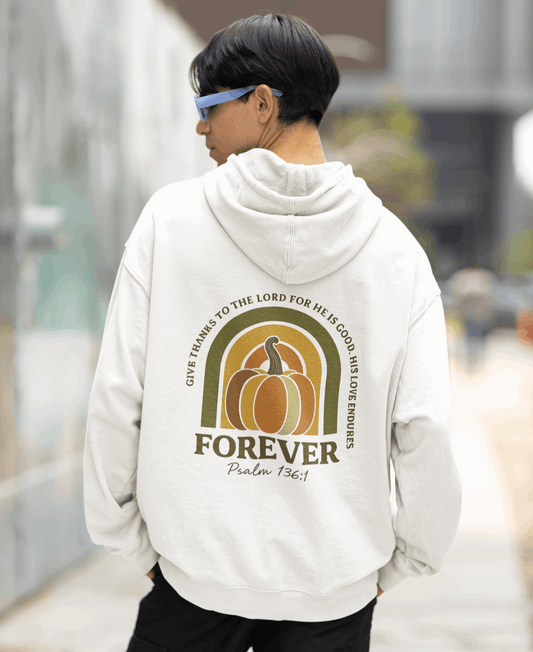 Christian hoodie with Psalm 136:1 "Give thanks to the Lord" pumpkin design