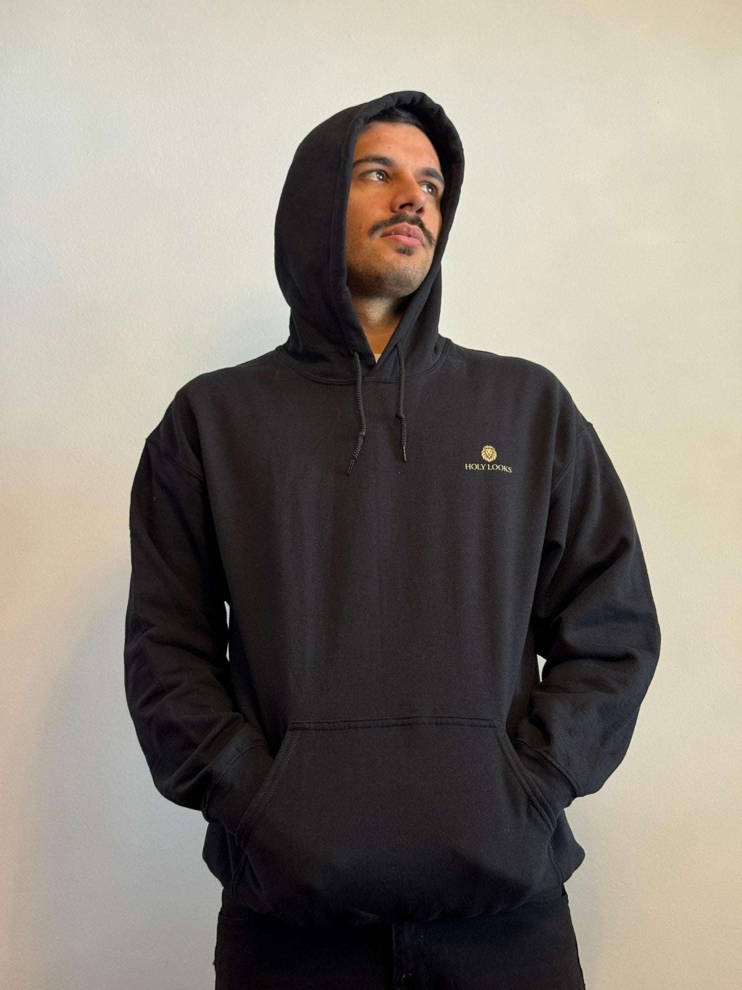 Person wearing a black hoodie with a logo on a plain background